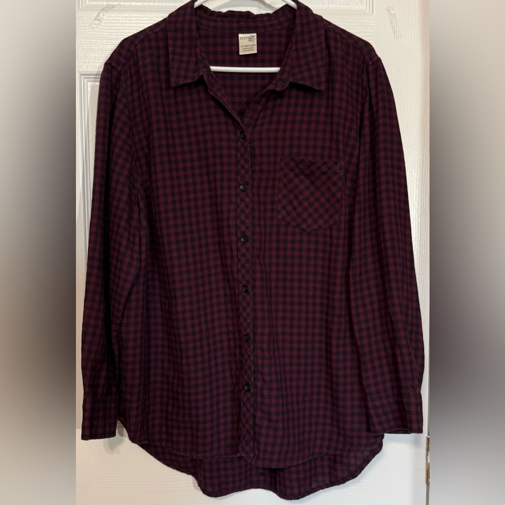 Terra & Sky 1X Plaid Button Up Shirt Burgundy Black Cotton Plus Size